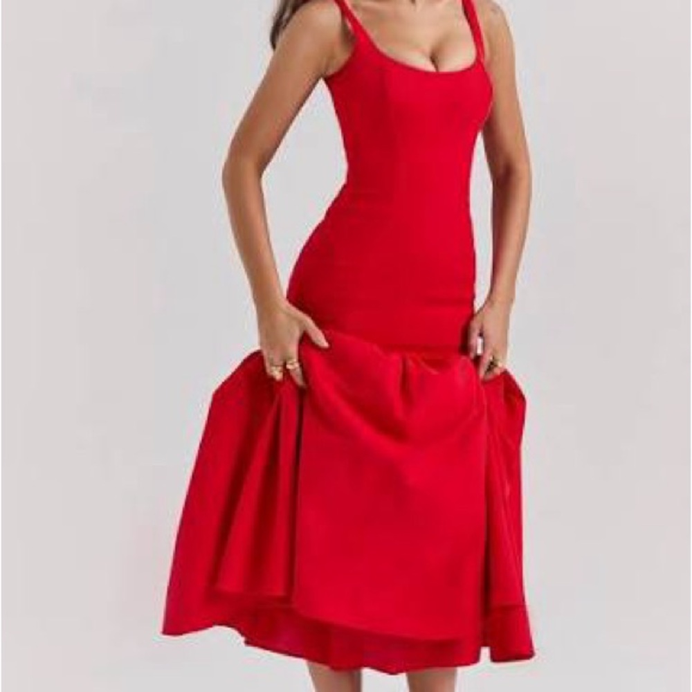 House of CB Red Scoop-Neck Midi Dress drop waist xs amore scarlet - Picture 10 of 15